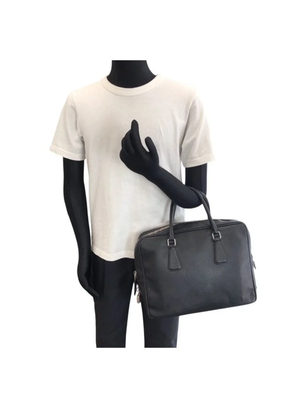 Prada Saffiano Black Silver Leather Business Briefcase
